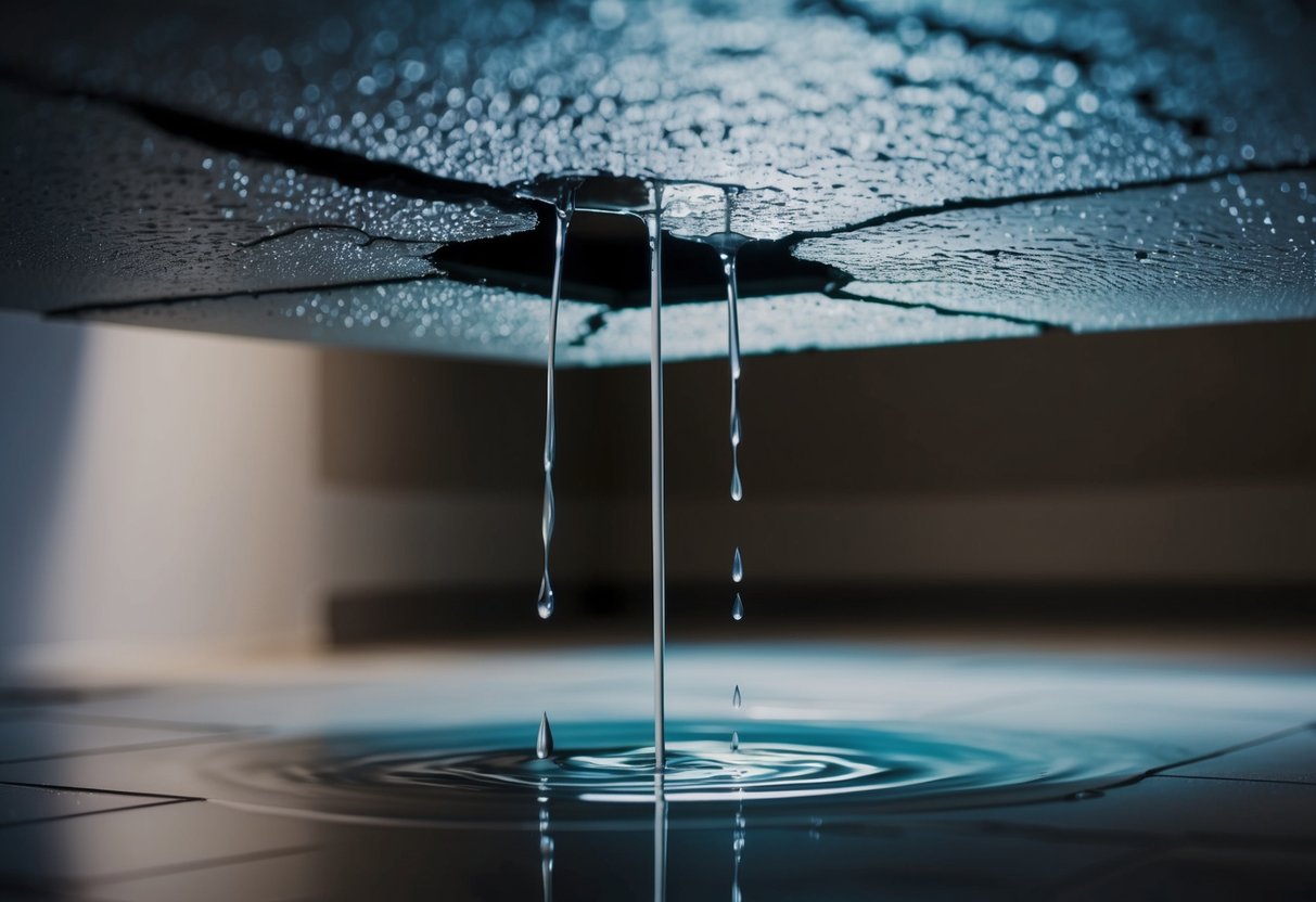 Water drips from a cracked ceiling under a bathroom, pooling on the floor below