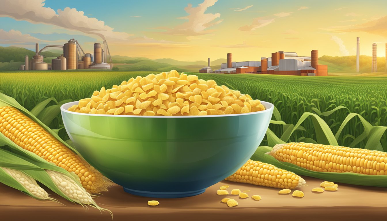 A bowl of Corn Chex cereal surrounded by images of corn fields and a manufacturing plant in the background