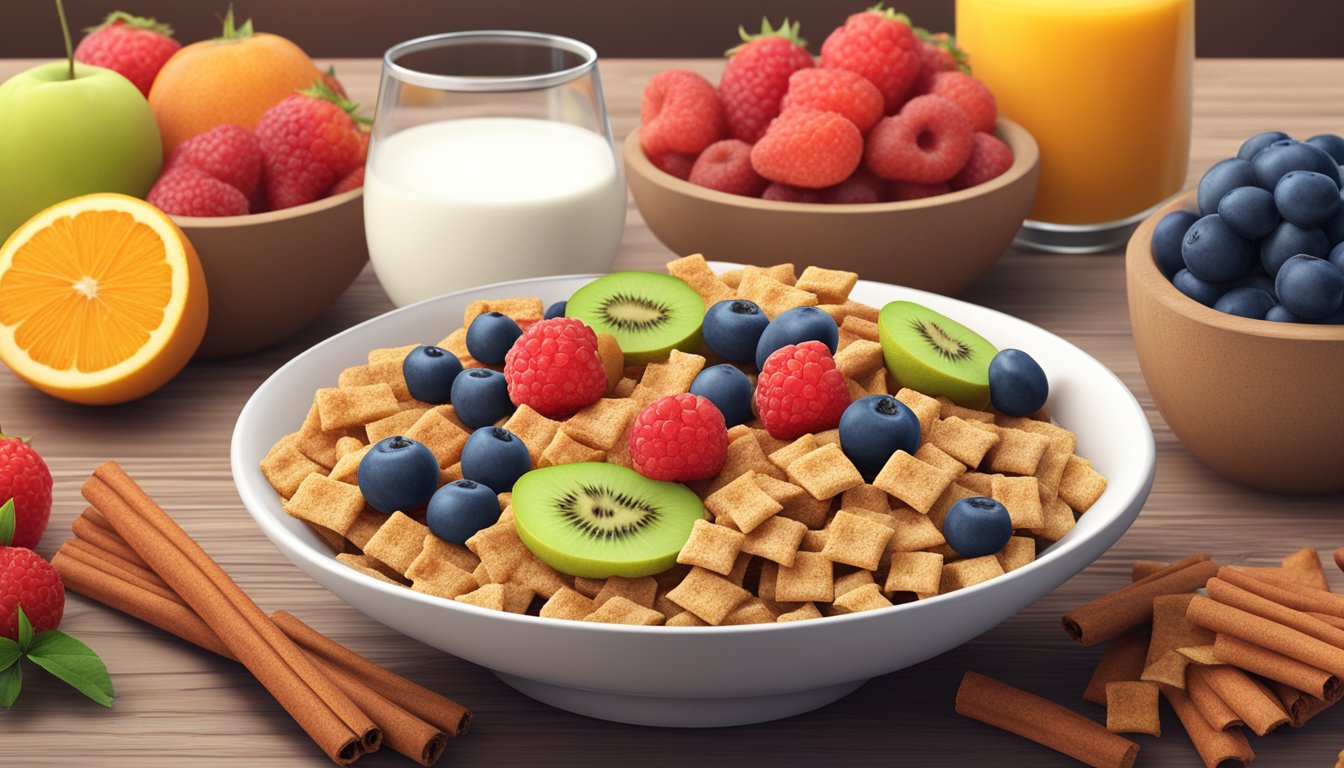 A bowl of Cinnamon Chex cereal surrounded by a variety of fresh fruits and a glass of milk on a wooden breakfast table