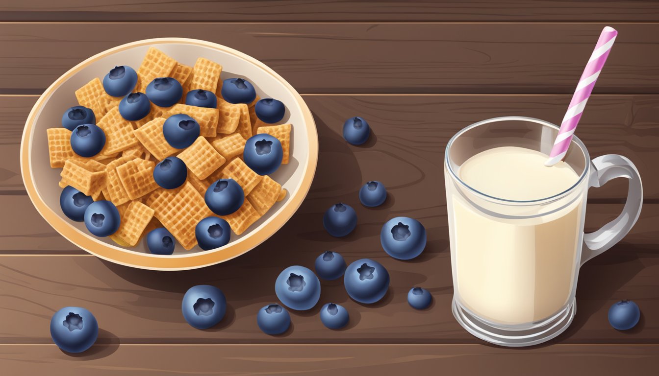 A bowl of Blueberry Chex cereal surrounded by fresh blueberries and a glass of milk on a wooden table