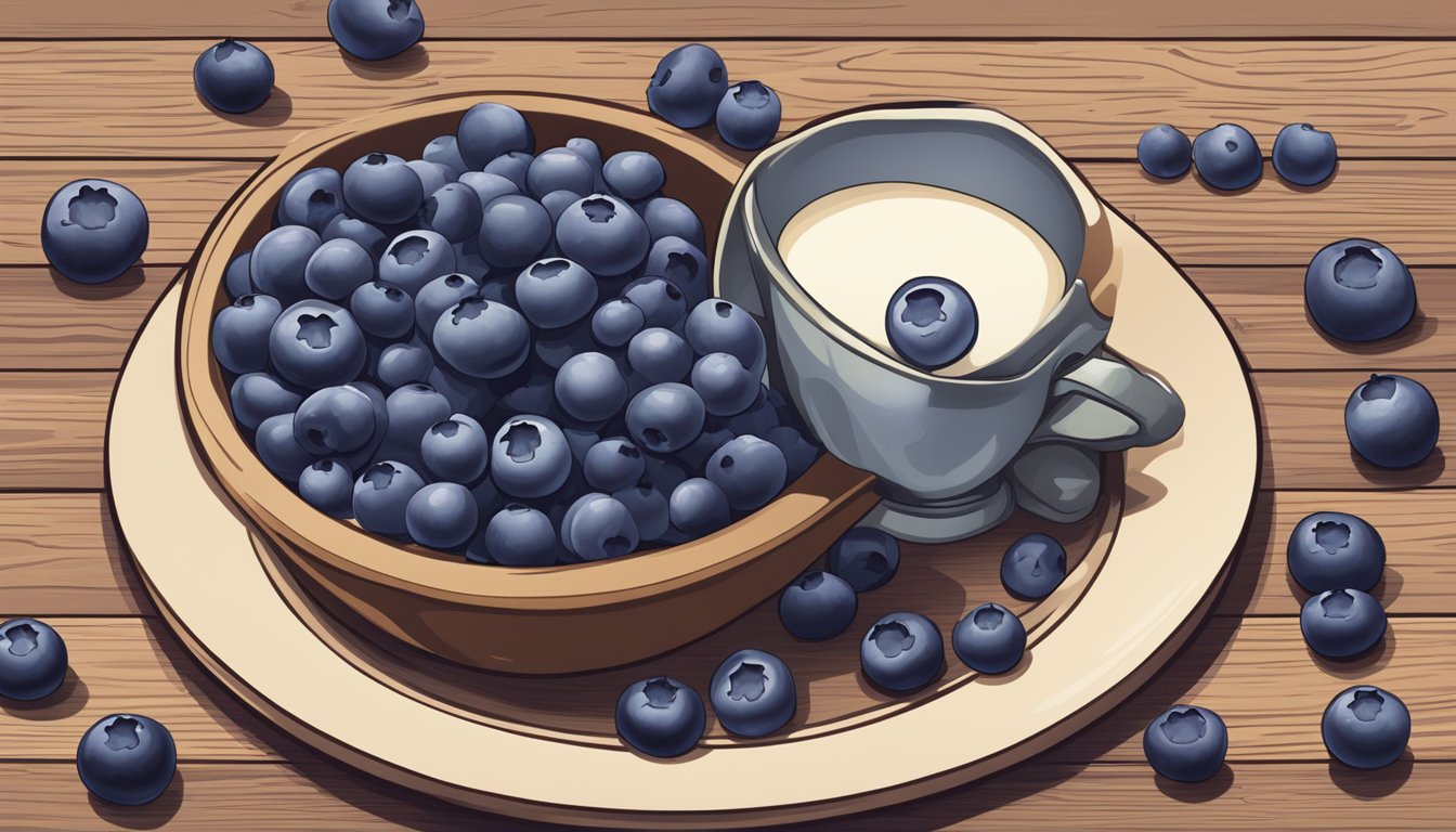 A bowl of blueberry Chex cereal surrounded by fresh blueberries and a glass of milk on a wooden table