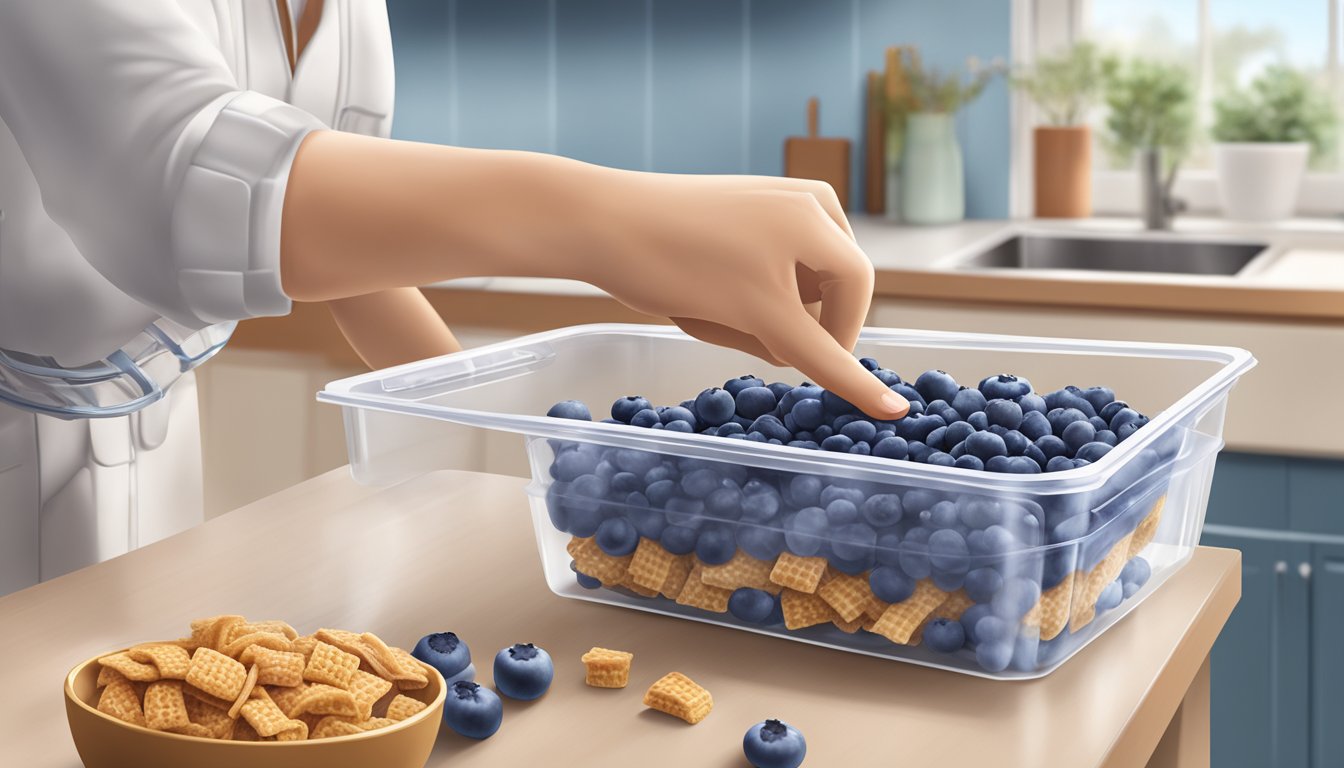 A hand pouring blueberry Chex cereal into a clear plastic storage container on a kitchen counter