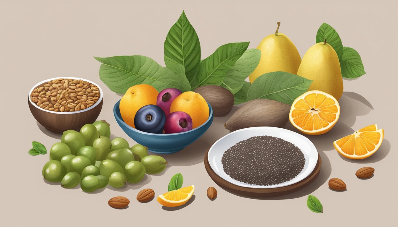 A table with chia pods, surrounded by fresh fruits and nuts