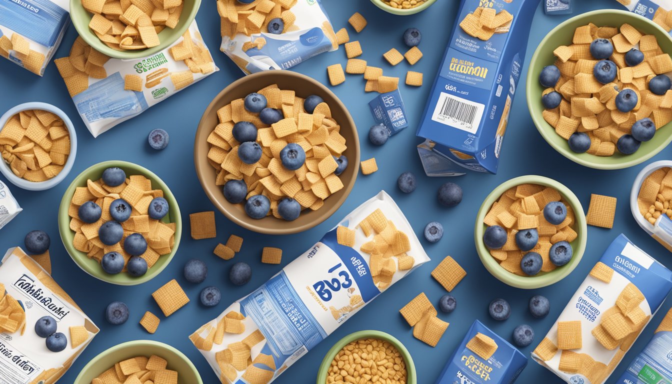 A bowl of Blueberry Chex cereal surrounded by various other cereal boxes, with a focus on the nutrition label