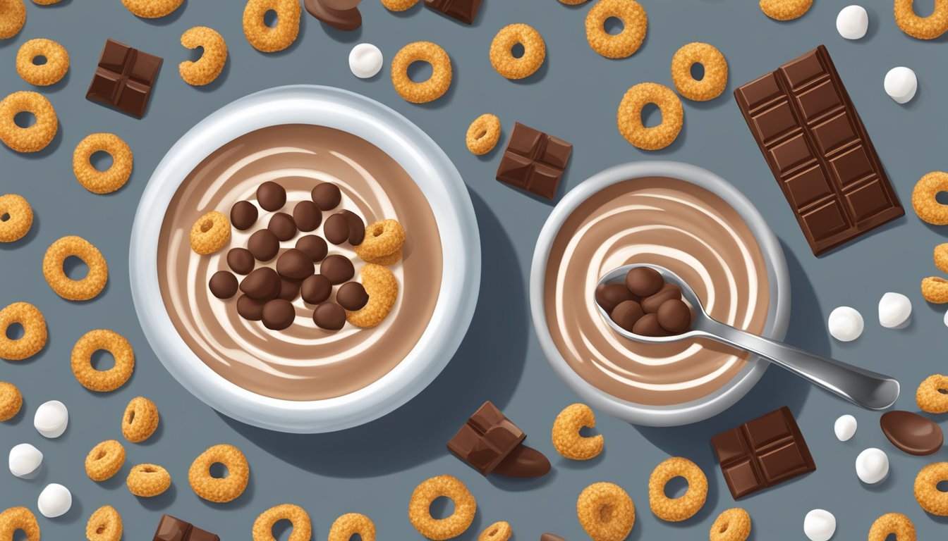 A bowl of chocolate Cheerios surrounded by milk, a spoon, and scattered cocoa powder