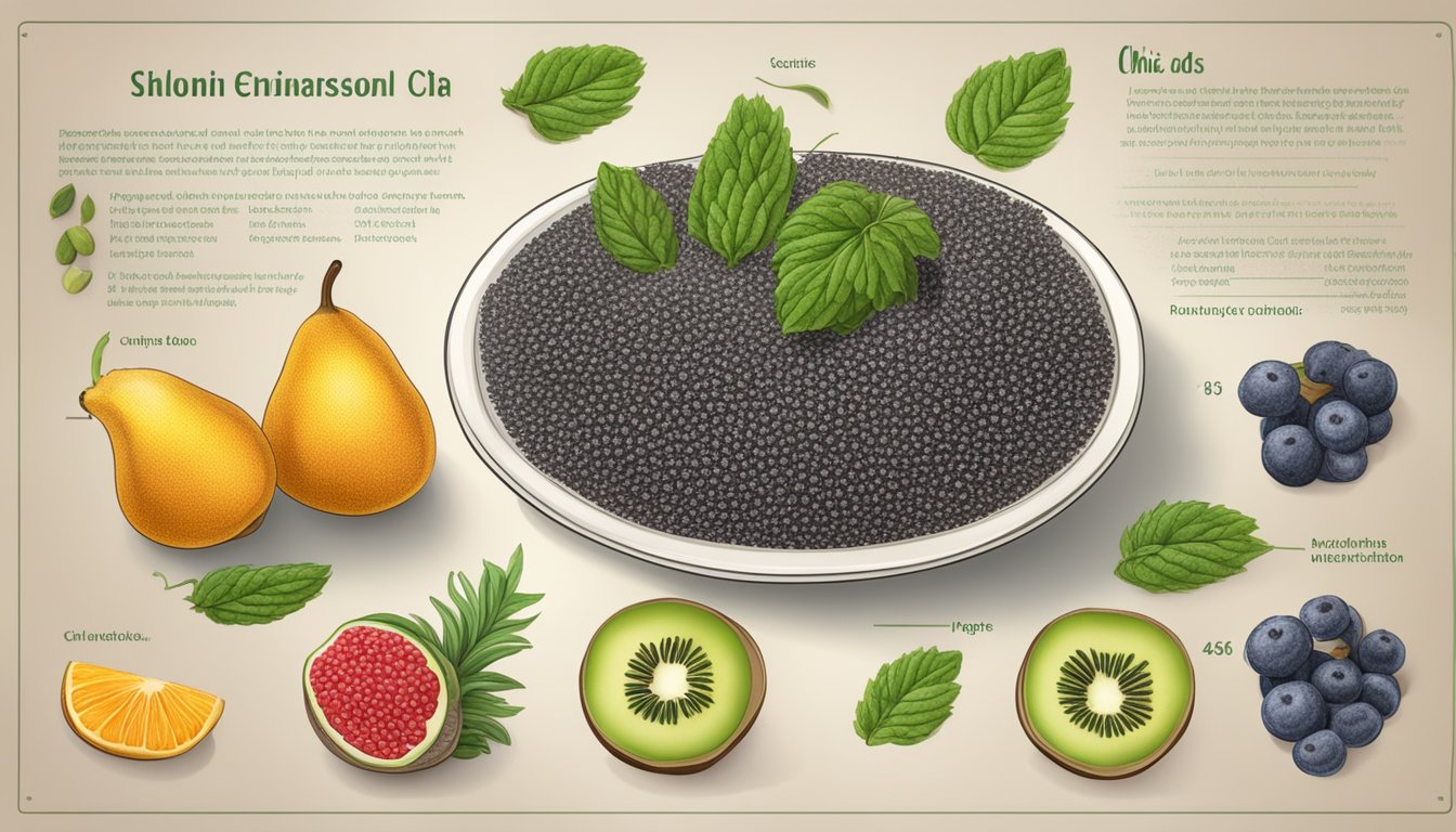 A table with chia pods, fruits, and nutritional information