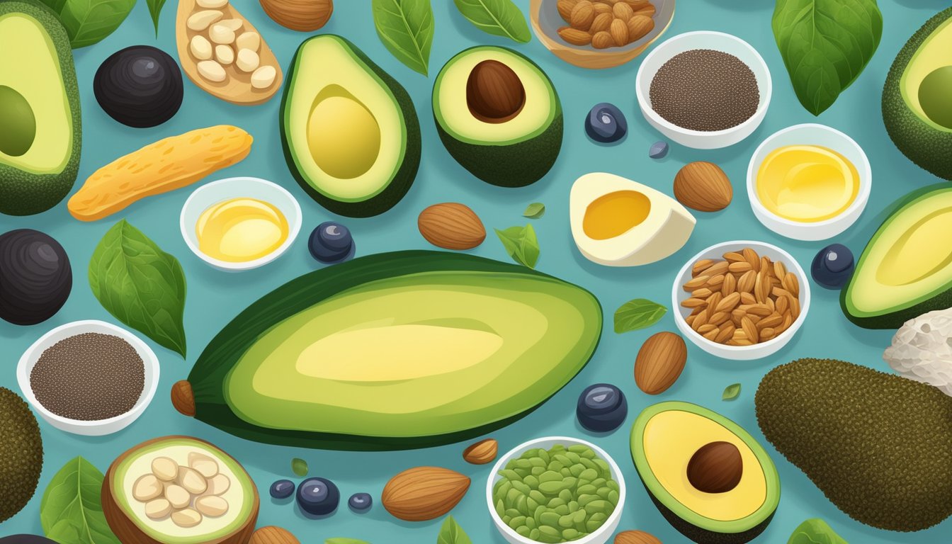 A colorful display of chia pods, surrounded by various sources of healthy fats and acids, such as avocados, nuts, and fish