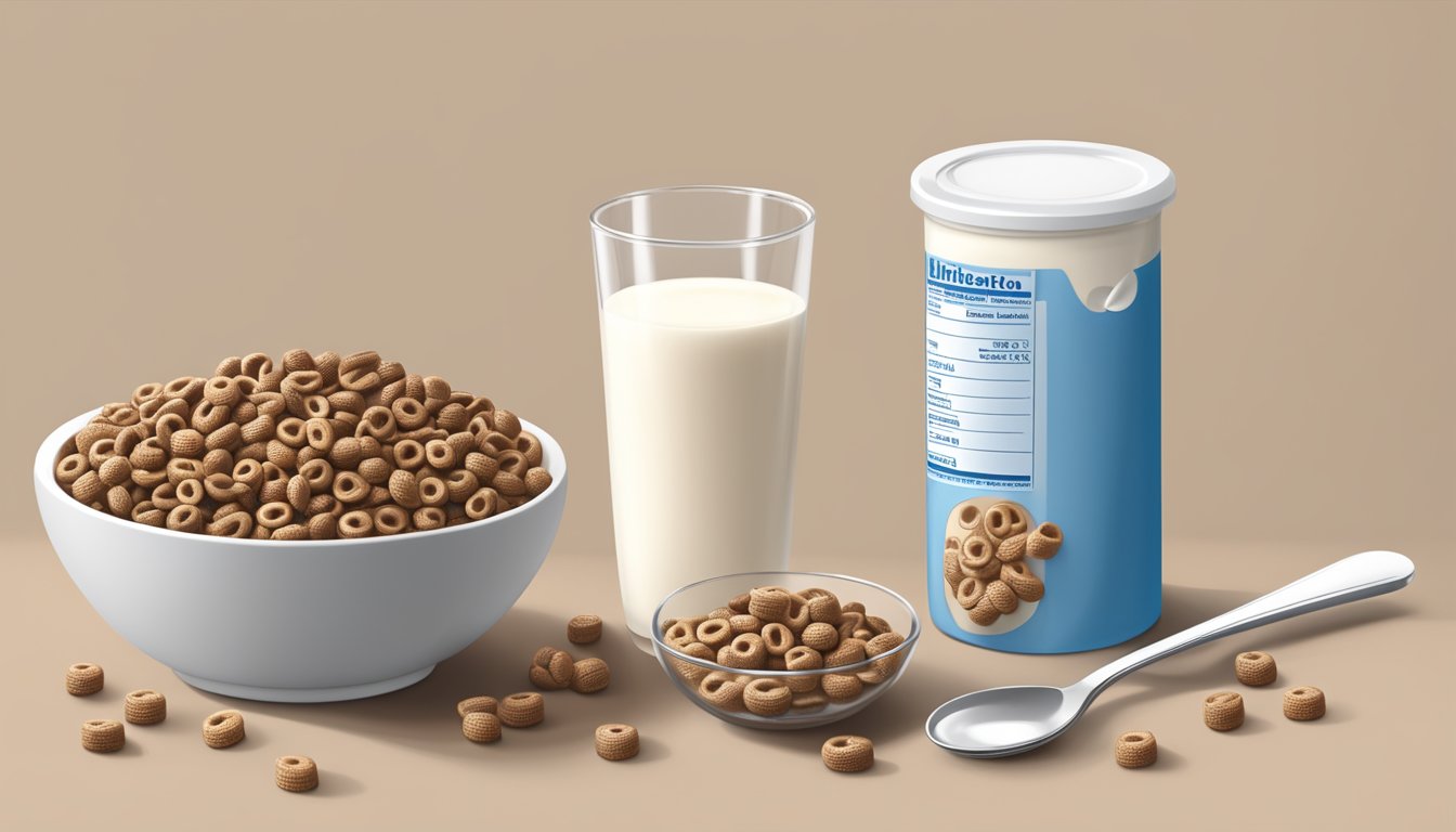 A bowl of chocolate Cheerios surrounded by milk, a spoon, and a nutrition label