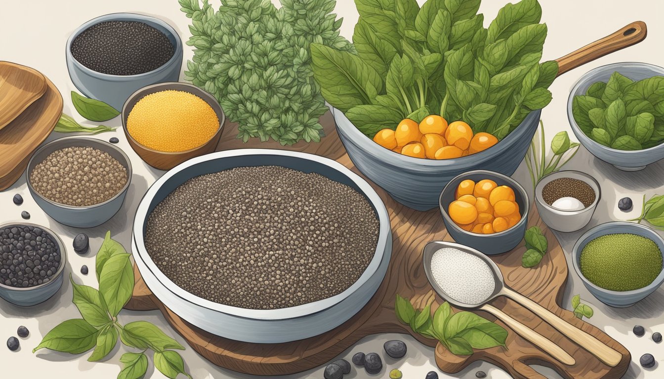 A bowl of chia pods surrounded by various ingredients and utensils, highlighting their versatile culinary uses and nutrient-rich texture