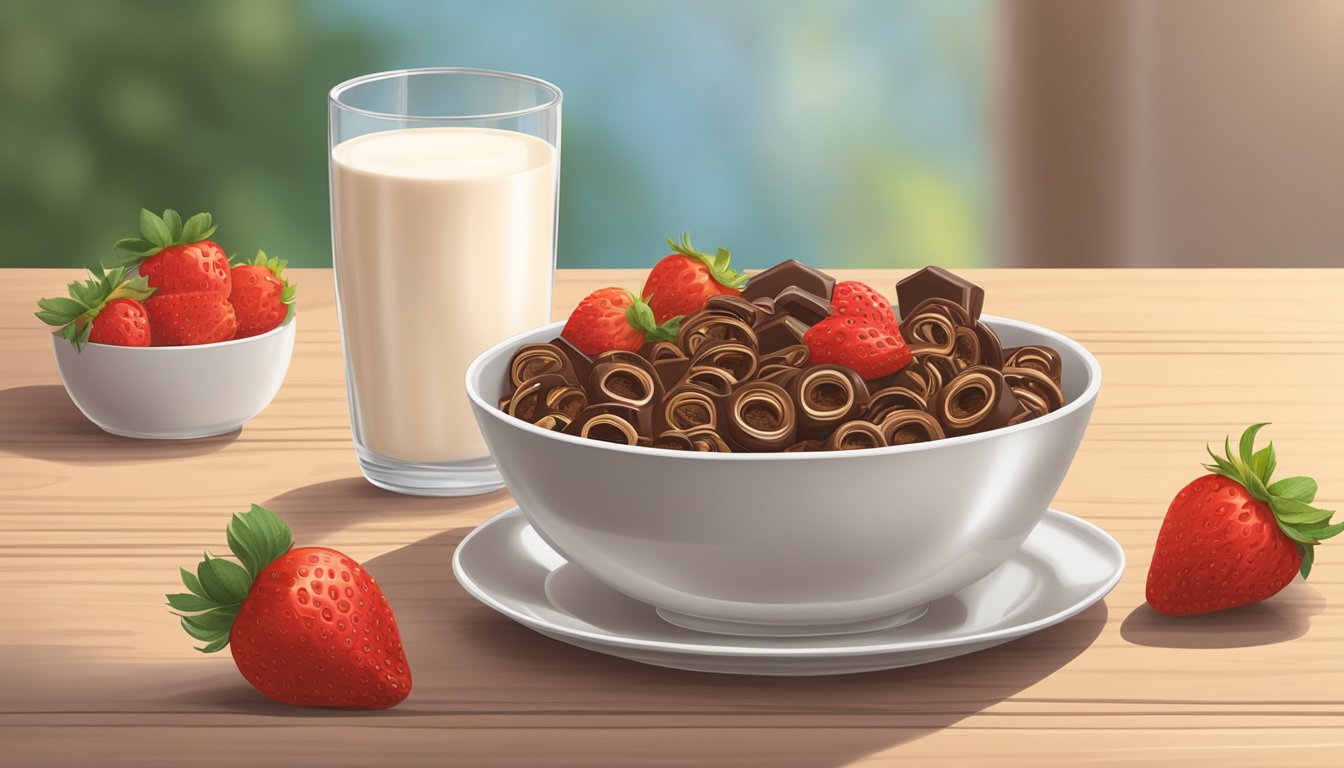 A bowl of chocolate Cheerios surrounded by fresh strawberries and a glass of milk on a wooden breakfast table