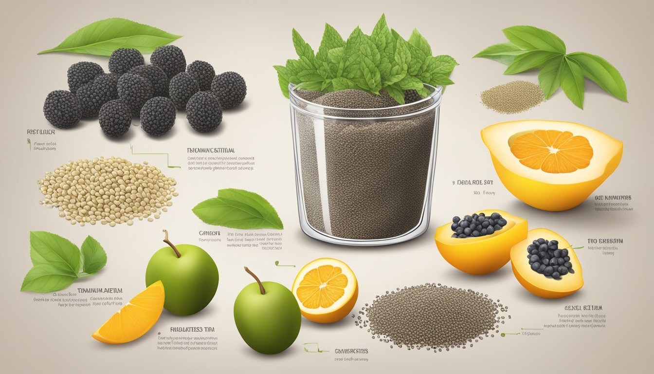 A table with chia pods, fruits, and nutritional data charts