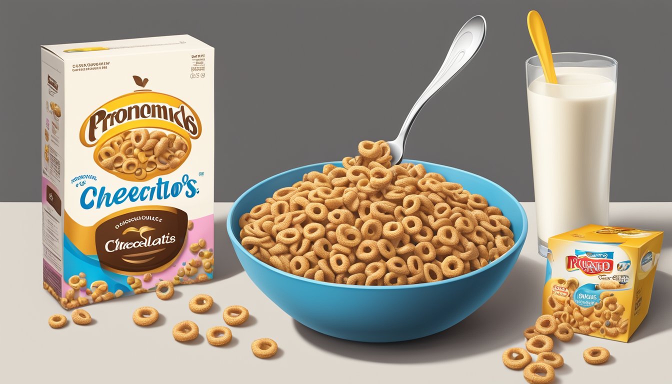 A bowl of Chocolate Cheerios surrounded by milk, a spoon, and a box of the cereal with the brand logo prominently displayed