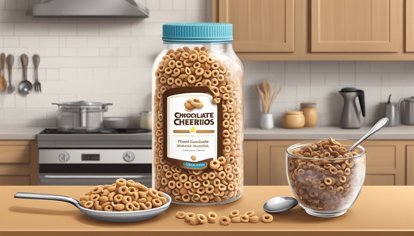 A box of chocolate Cheerios sits on a kitchen counter next to a glass jar filled with the cereal, with a spoon resting on the side