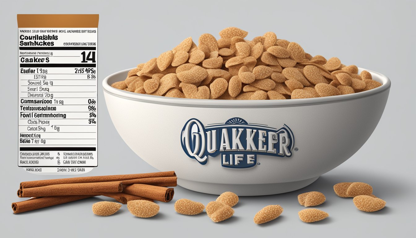 A bowl of Quaker Life cereal surrounded by cinnamon sticks and a nutrition label