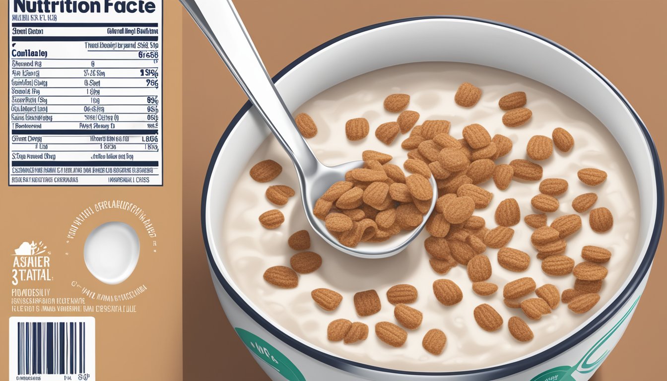 A bowl of Quaker Life cinnamon cereal with milk poured in, next to a spoon and the nutrition label