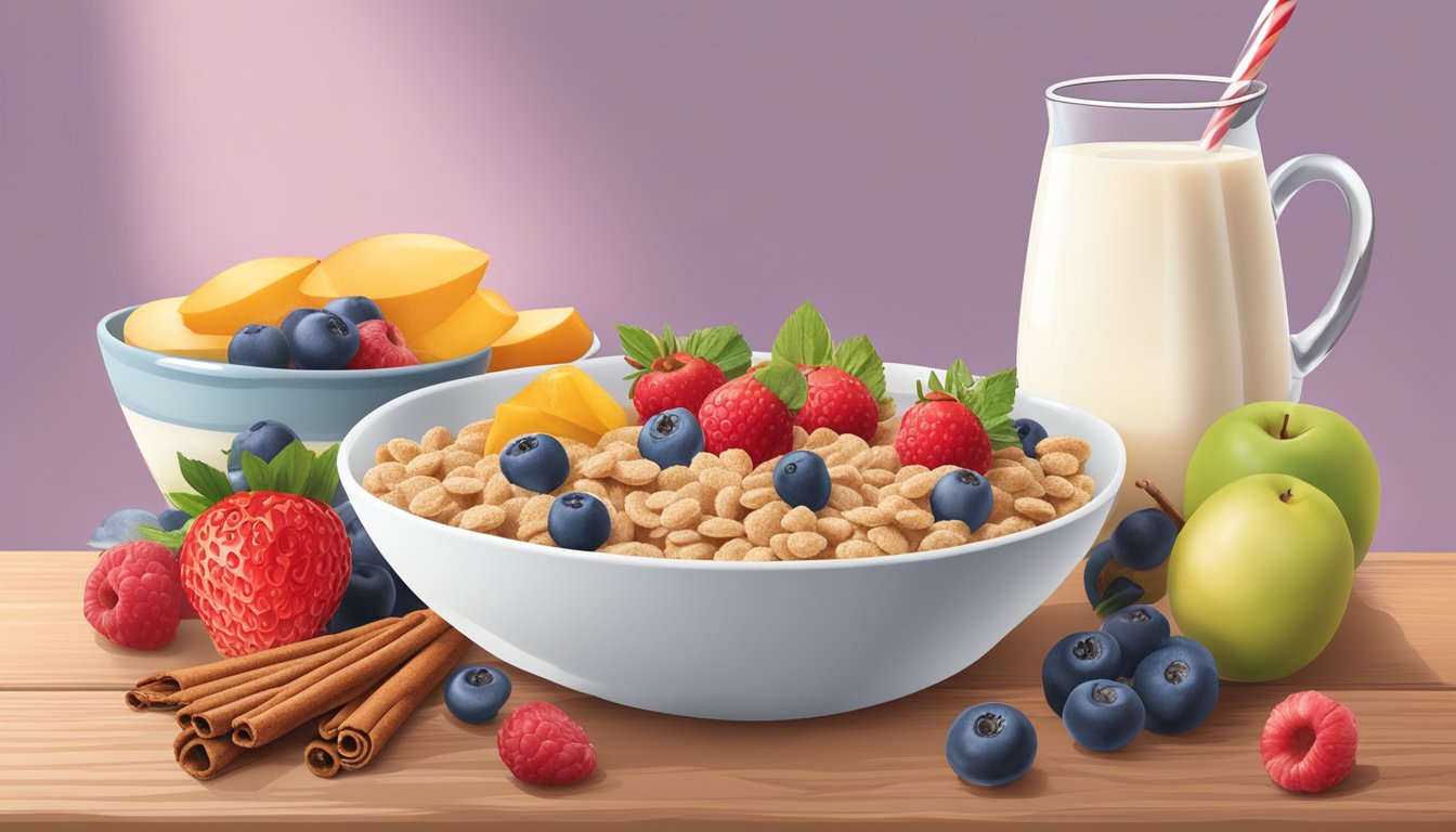 A bowl of Quaker Life Cinnamon cereal surrounded by a variety of fresh fruits and a glass of milk on a wooden breakfast table