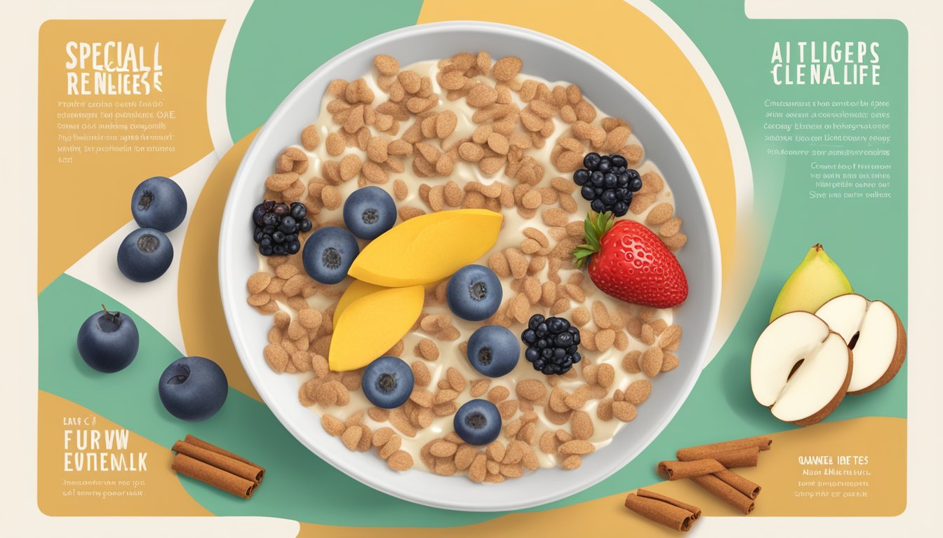 A bowl of Quaker Life cinnamon cereal surrounded by various fruits and alternative milk options, with a label indicating "Special Diets and Allergies."