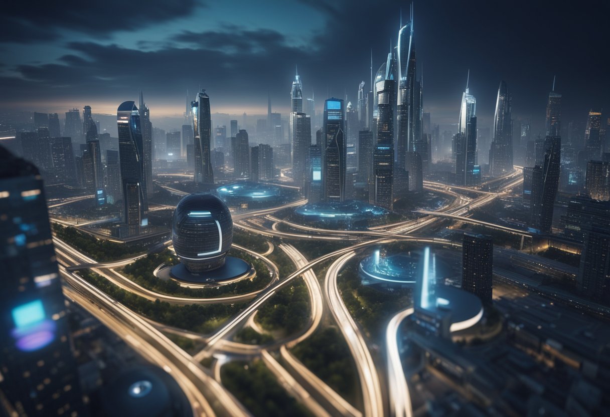 A futuristic cityscape with sleek, metallic buildings and self-driving cars controlled by artificial intelligence