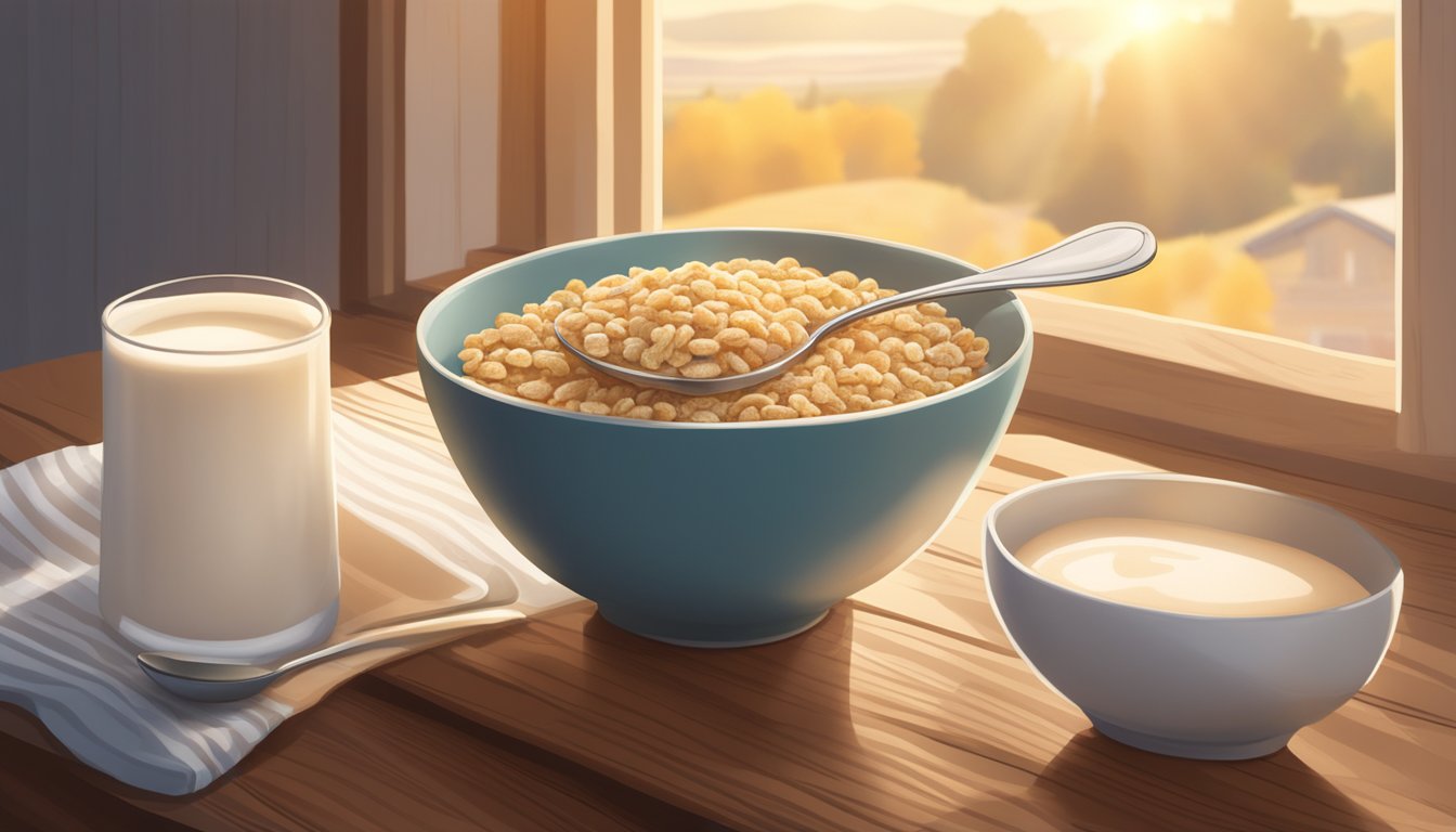 A bowl of Cracklin' Oat Bran cereal surrounded by a glass of milk and a spoon on a wooden table. Sunlight streams in from a nearby window, casting a warm glow on the scene