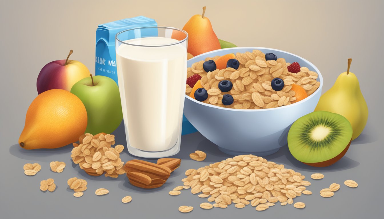 A bowl of Cracklin' Oat Bran cereal surrounded by various fruits and a glass of milk, with a nutrition label nearby