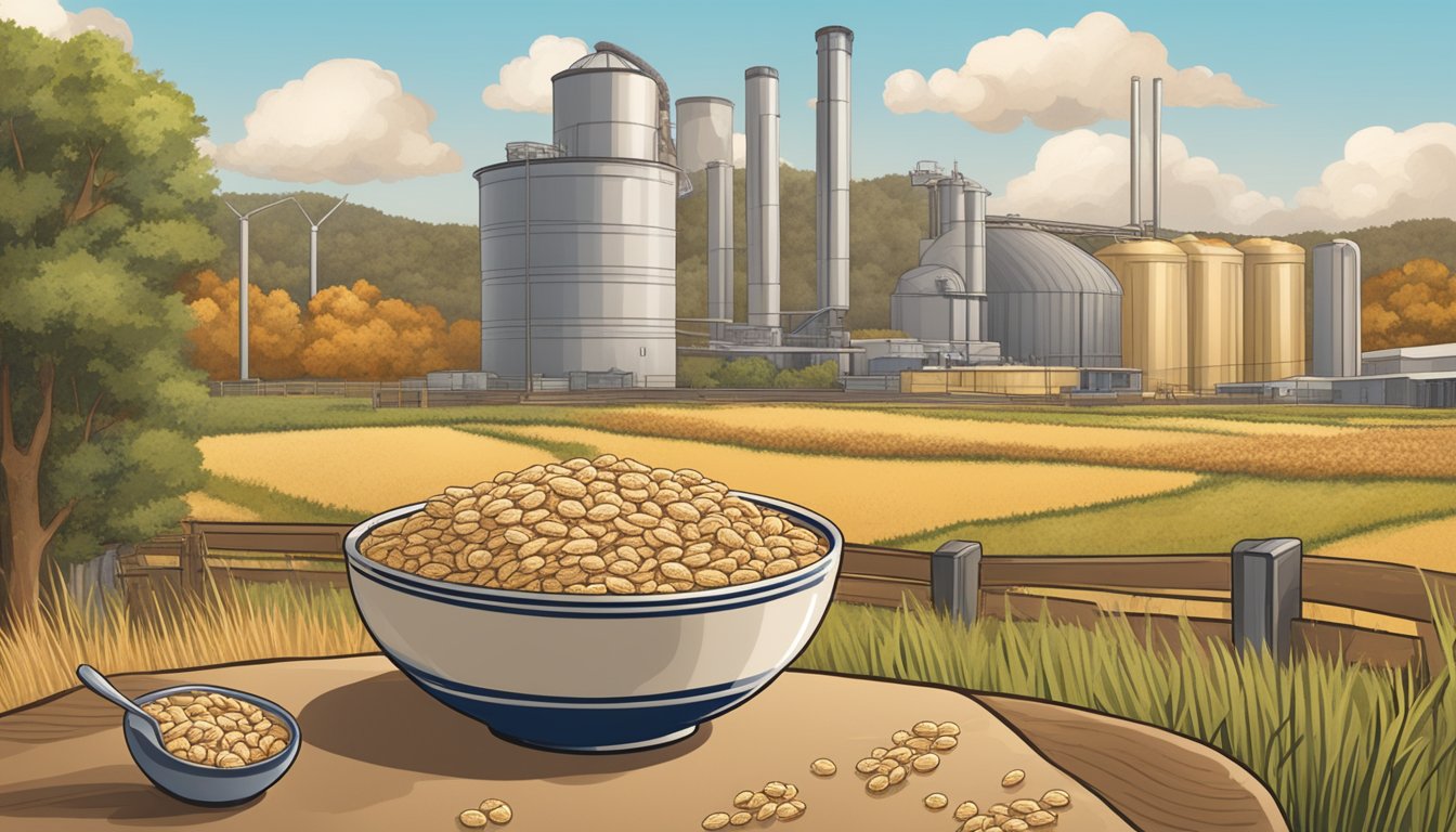 A bowl of Cracklin' Oat Bran cereal surrounded by oats and a factory producing the cereal