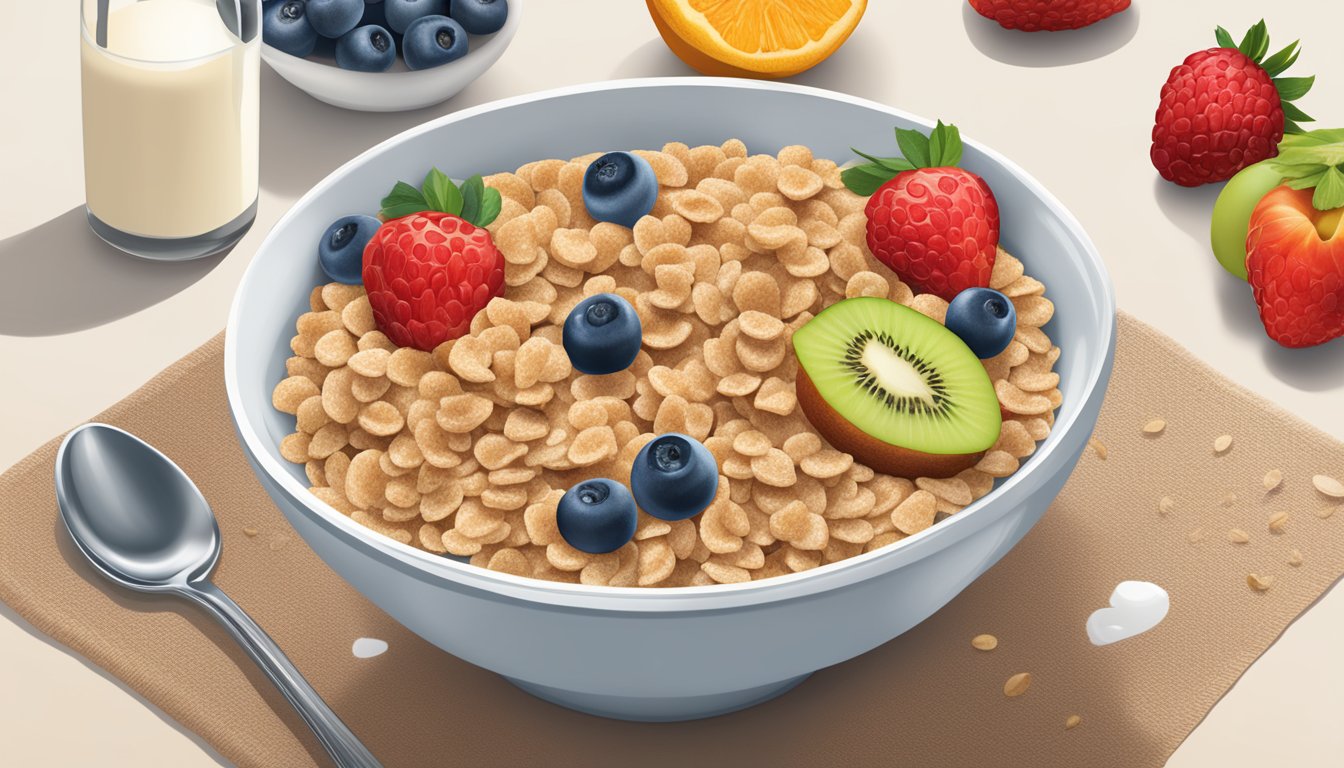 A bowl of Cracklin' Oat Bran cereal surrounded by fresh fruits and a glass of milk, with a nutrition label displayed prominently