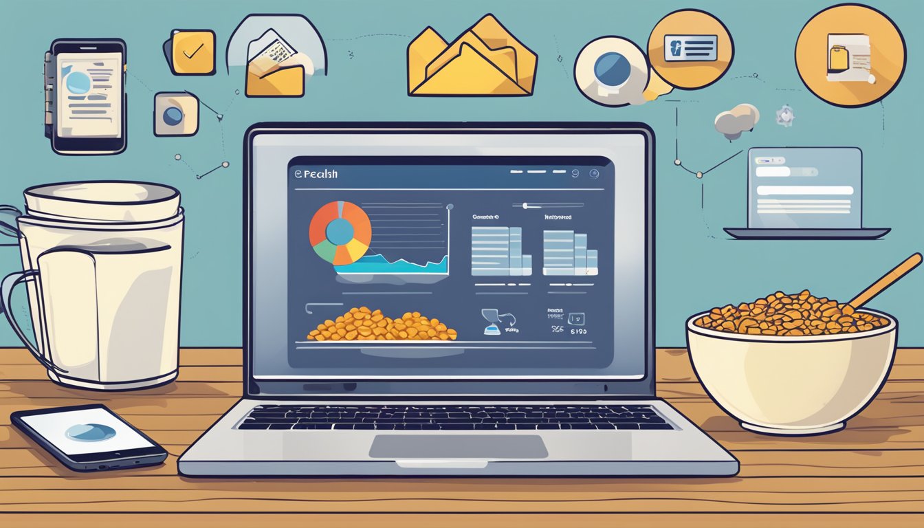 A bowl of Cracklin' Oat Bran cereal sits on a wooden table, surrounded by a laptop, smartphone, and social media icons. A graph showing increasing consumer trust is displayed on the laptop screen