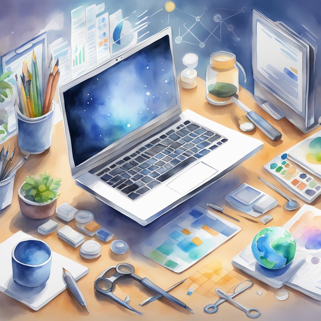 A laptop surrounded by various tools and resources, including keywords, analytics, and content, all working together to optimize a website for search engines