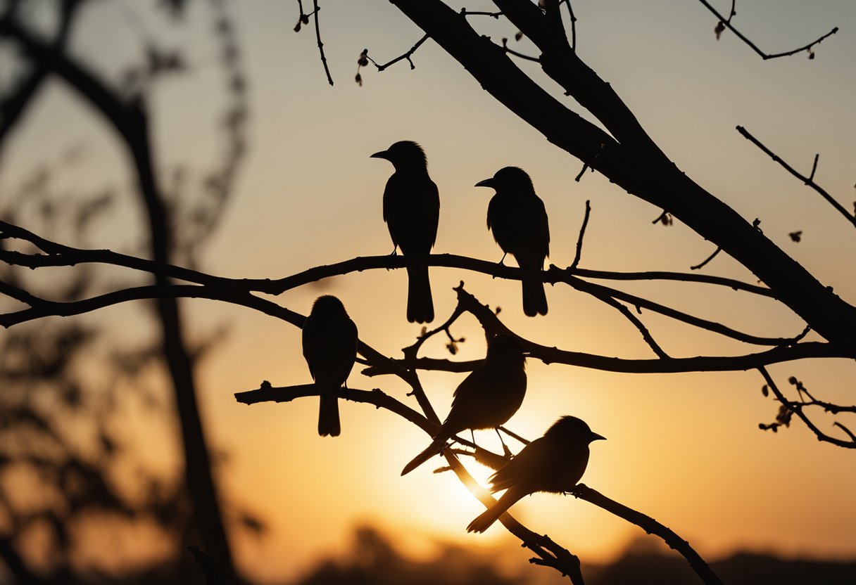 A group of colorful birds perched on a tree branch, with the sun setting in the background