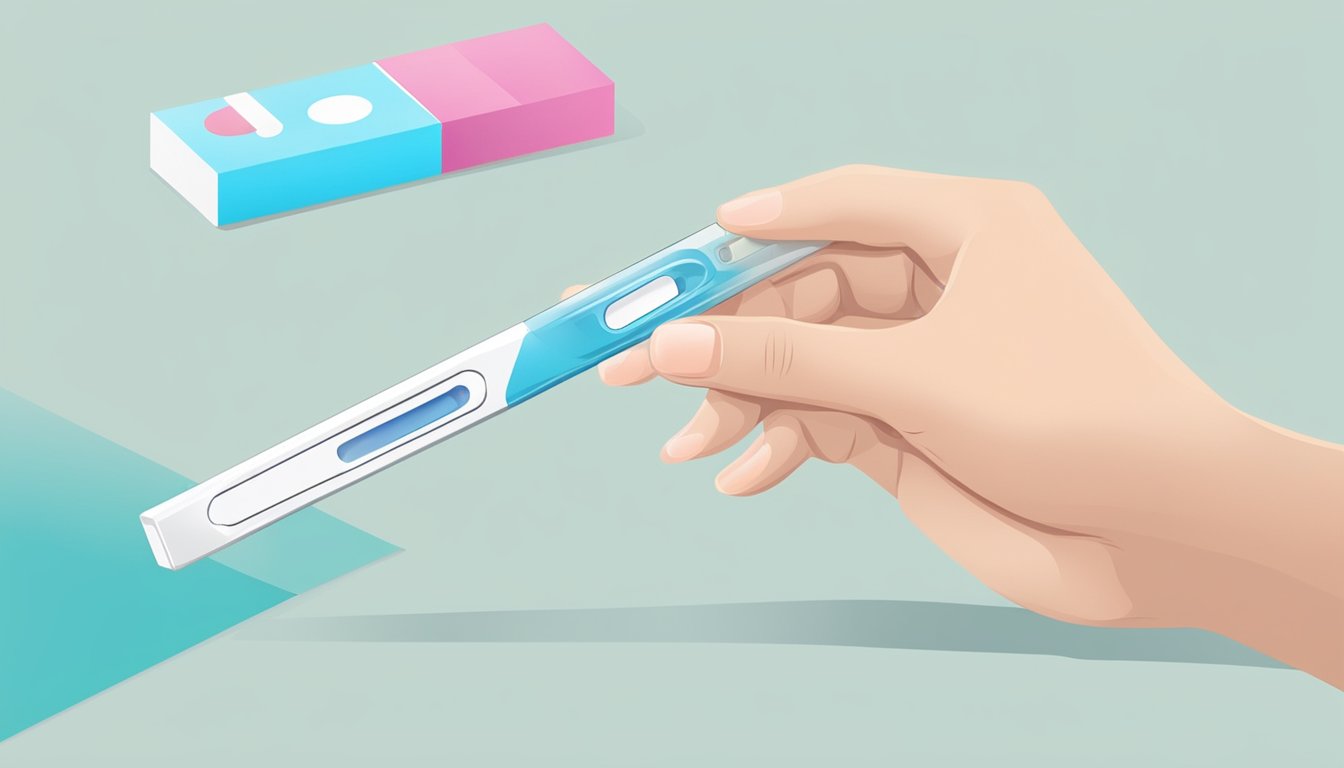 A hand holding a pregnancy test box with a clear display of the test stick and a positive result