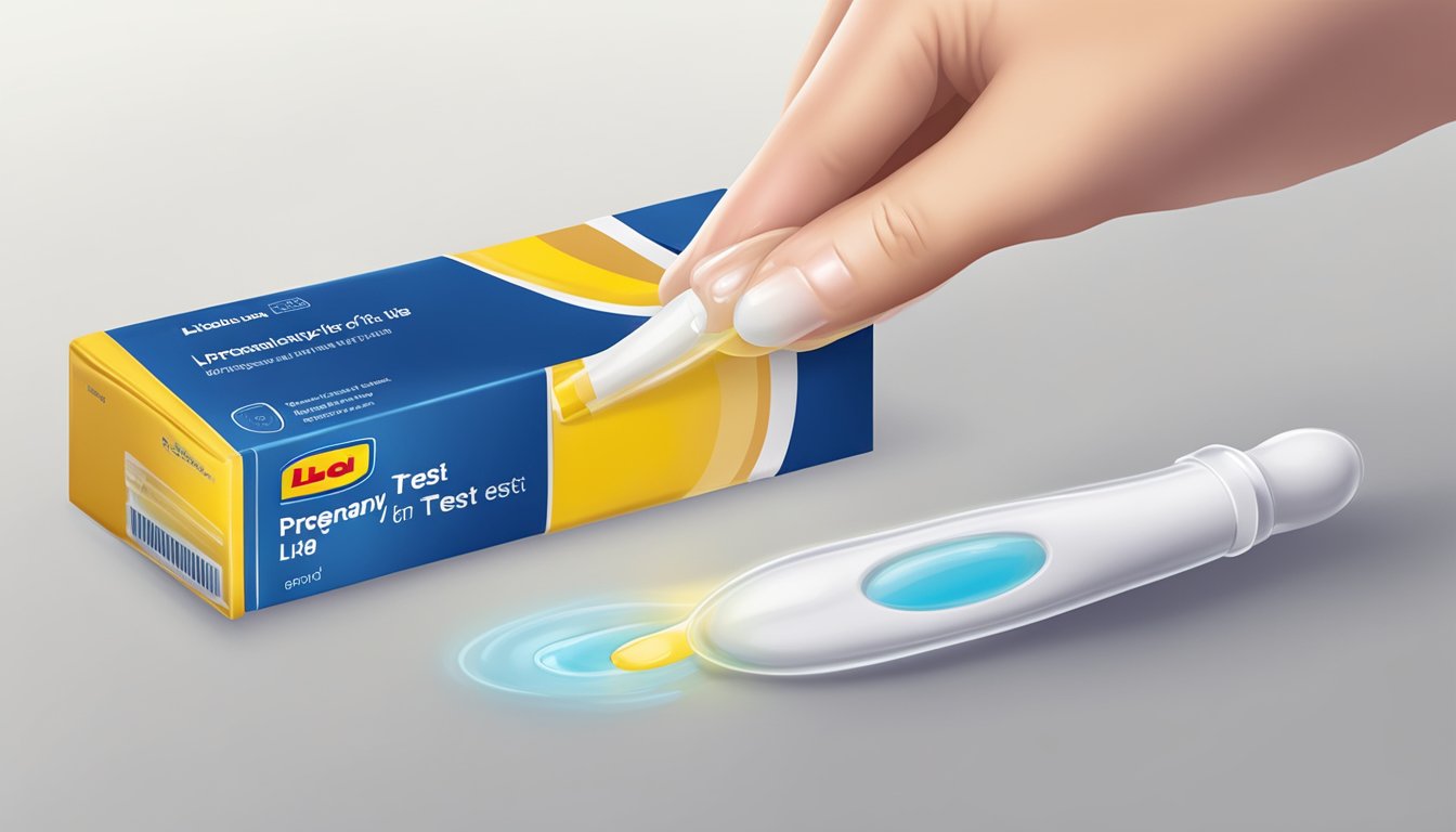 A hand holding a Lidl pregnancy test with a droplet of urine on the test strip