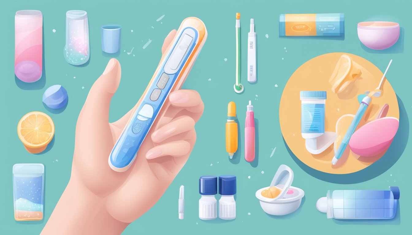 A hand holding a pregnancy test with various factors surrounding it, such as temperature, timing, and packaging