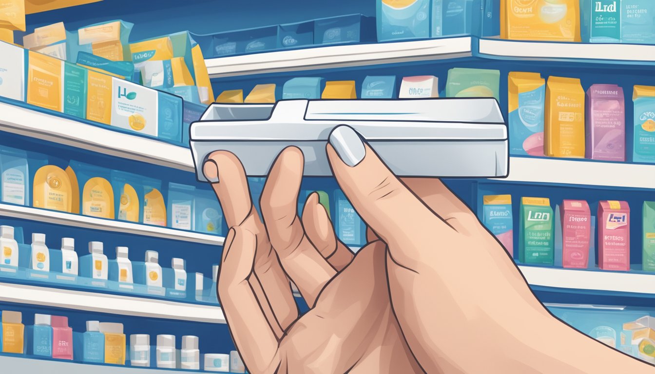 A hand reaching for a Lidl pregnancy test box on a pharmacy shelf