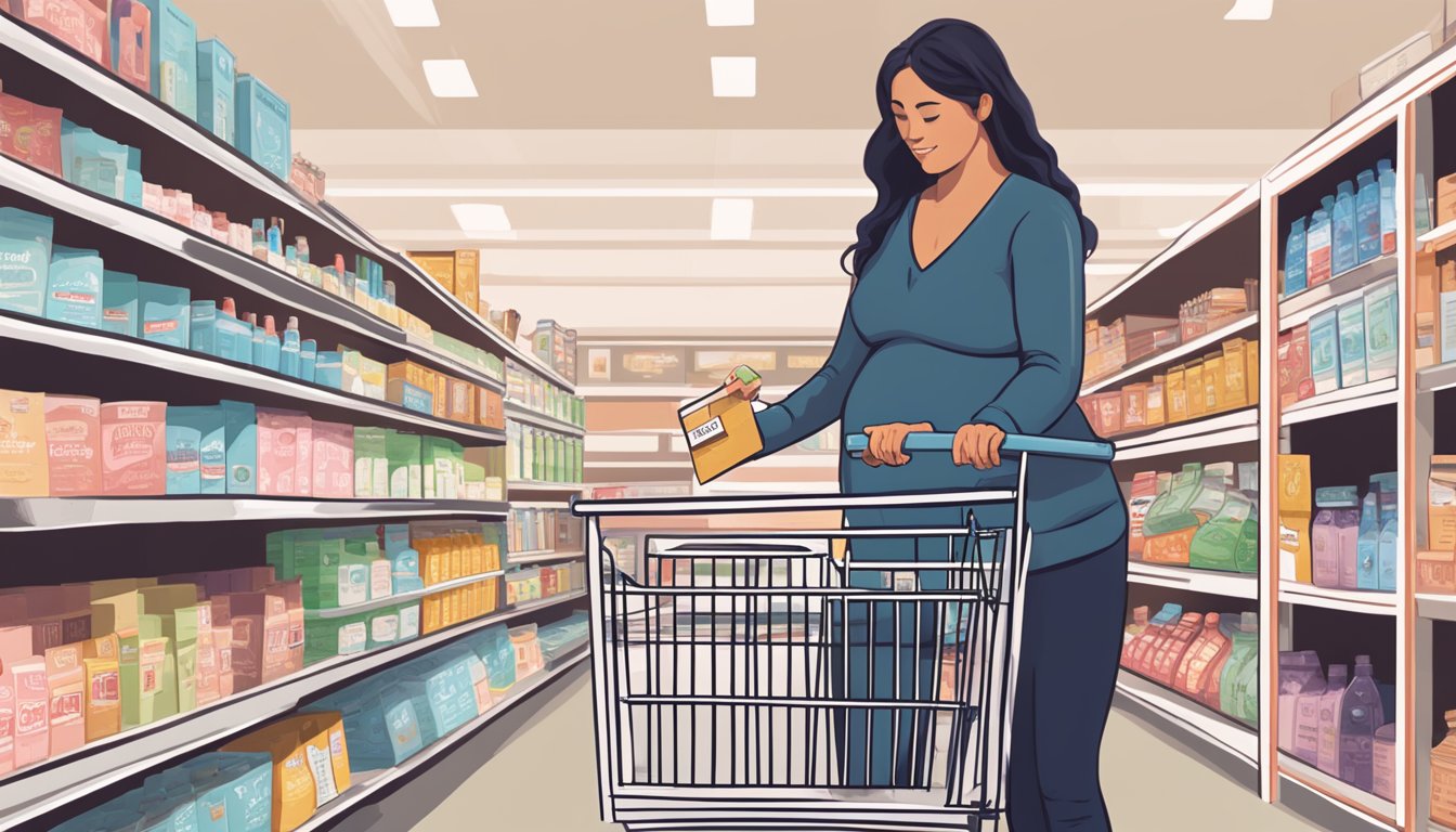 A person placing a pregnancy test box into their shopping cart at a Trader Joe's store