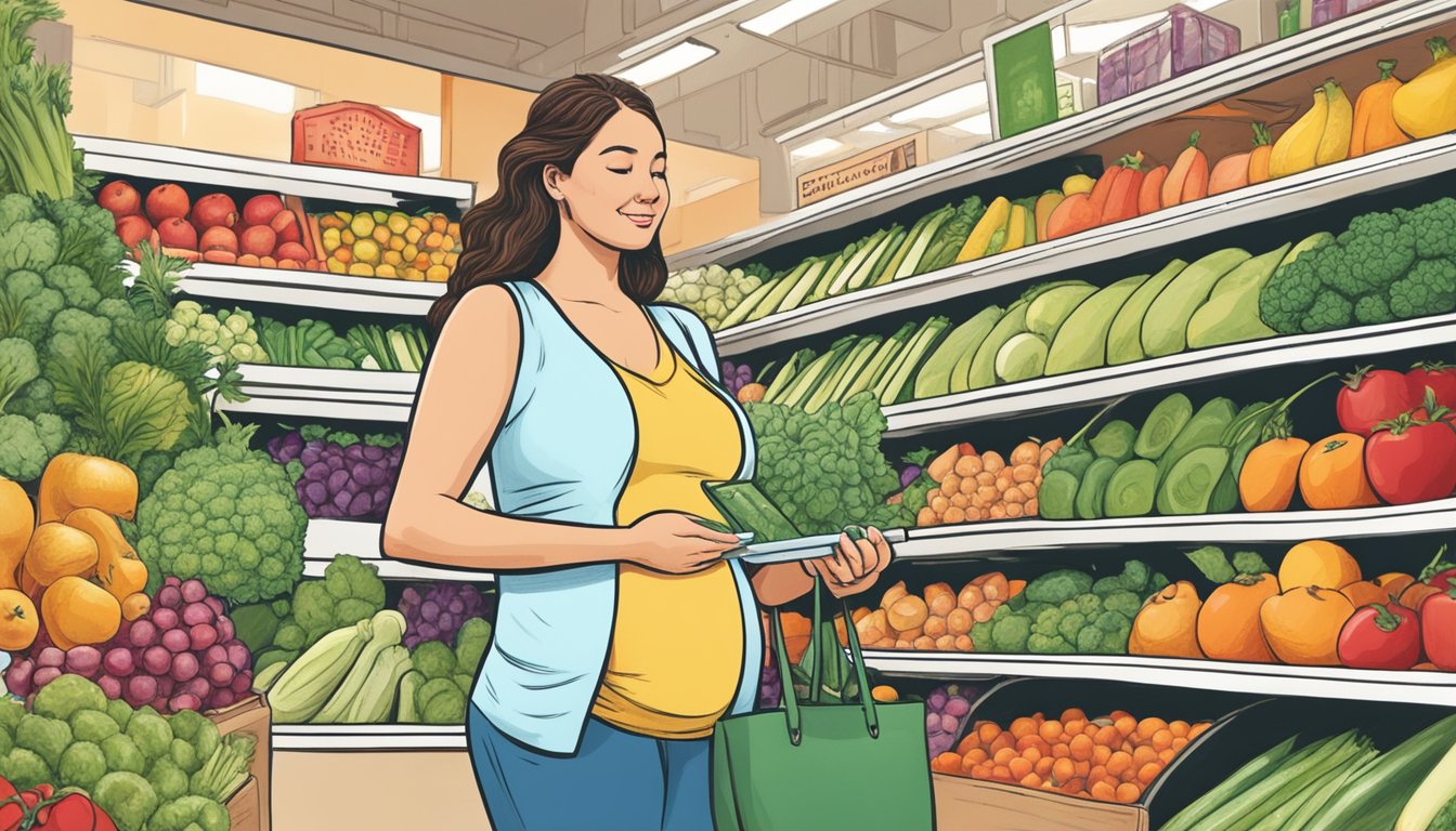 A pregnant woman shops for fresh fruits and vegetables at Trader Joe's, while holding a pregnancy test in her hand