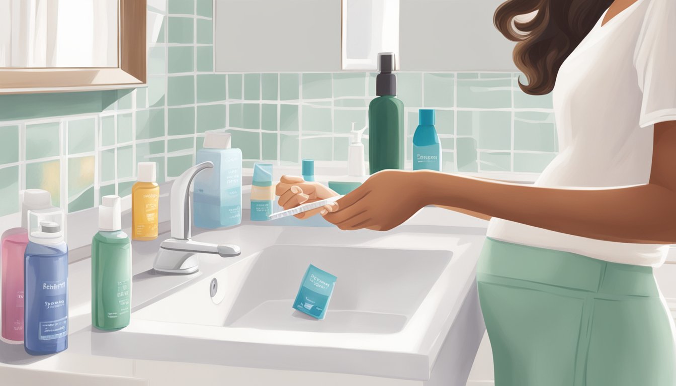 A woman placing a Trader Joe's pregnancy test on a clean, white bathroom counter