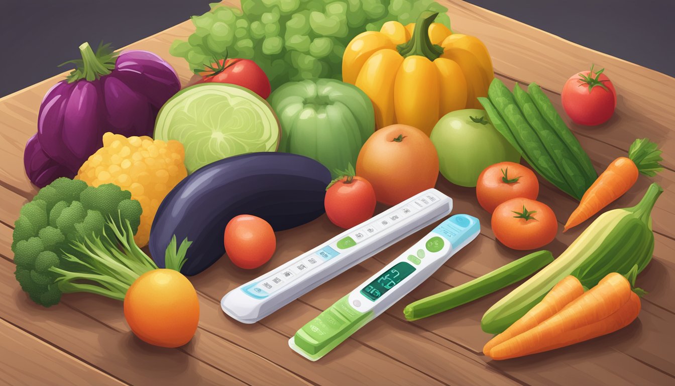 A whole foods pregnancy test surrounded by fresh fruits and vegetables on a wooden table