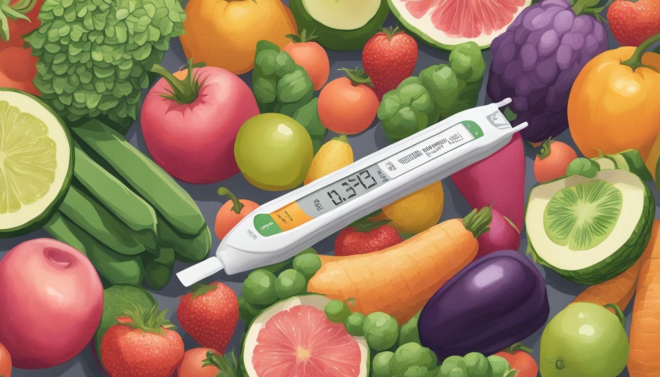 A positive pregnancy test surrounded by fresh fruits and vegetables at Whole Foods