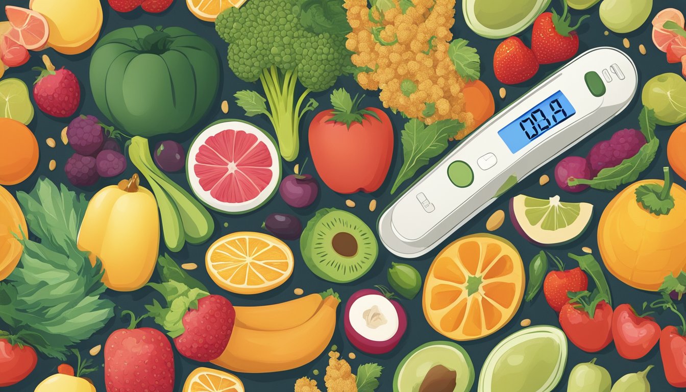 A colorful array of fresh fruits, vegetables, and grains surround a pregnancy test, symbolizing overall health and wellbeing