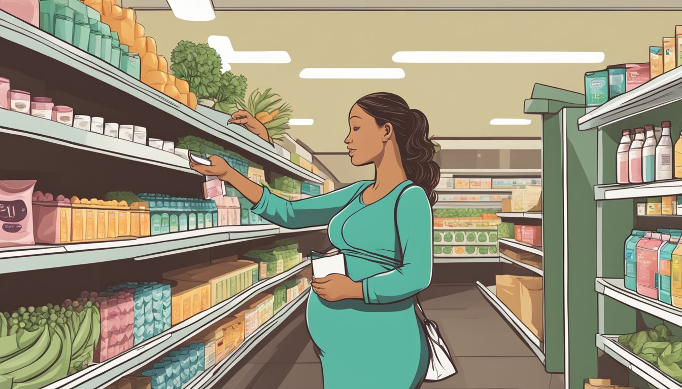 A pregnant shopper holding a Whole Foods bag while reaching for a pregnancy test on a store shelf