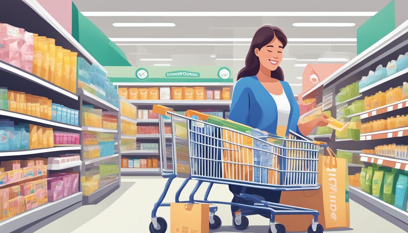 A woman placing a pregnancy test box into her shopping cart at Lucky Supermarkets