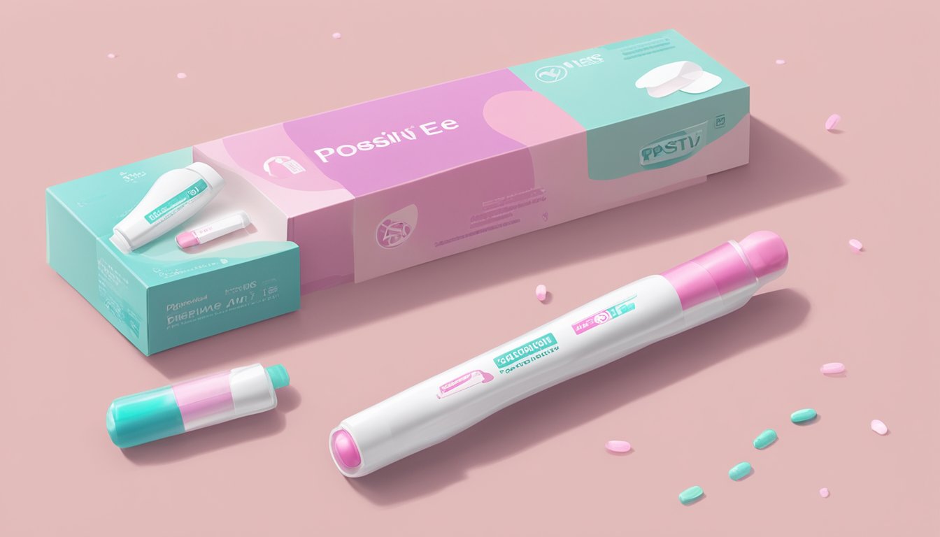 A positive pregnancy test sitting on a bathroom counter, surrounded by scattered packaging and a faint pink line indicating a positive result