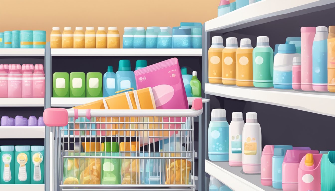 A hand holding a pregnancy test box with a positive result, surrounded by a shopping basket and various baby products on a store shelf