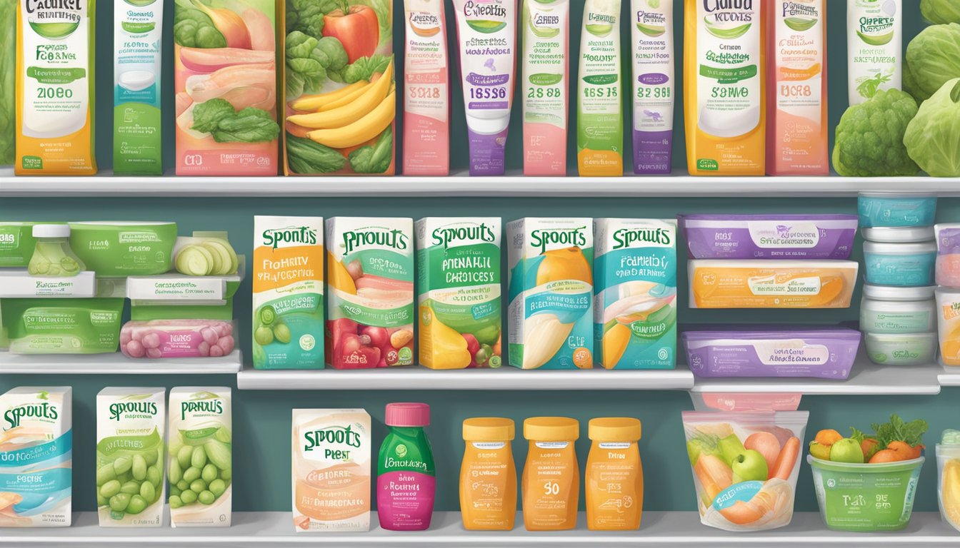 A colorful display of pregnancy tests on a shelf at Sprouts Farmers Market, surrounded by fresh produce and natural products