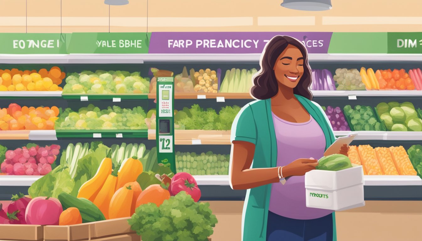 A woman holds a pregnancy test box in one hand while browsing fresh produce at Sprouts Farmers Market, surrounded by colorful displays and natural lighting