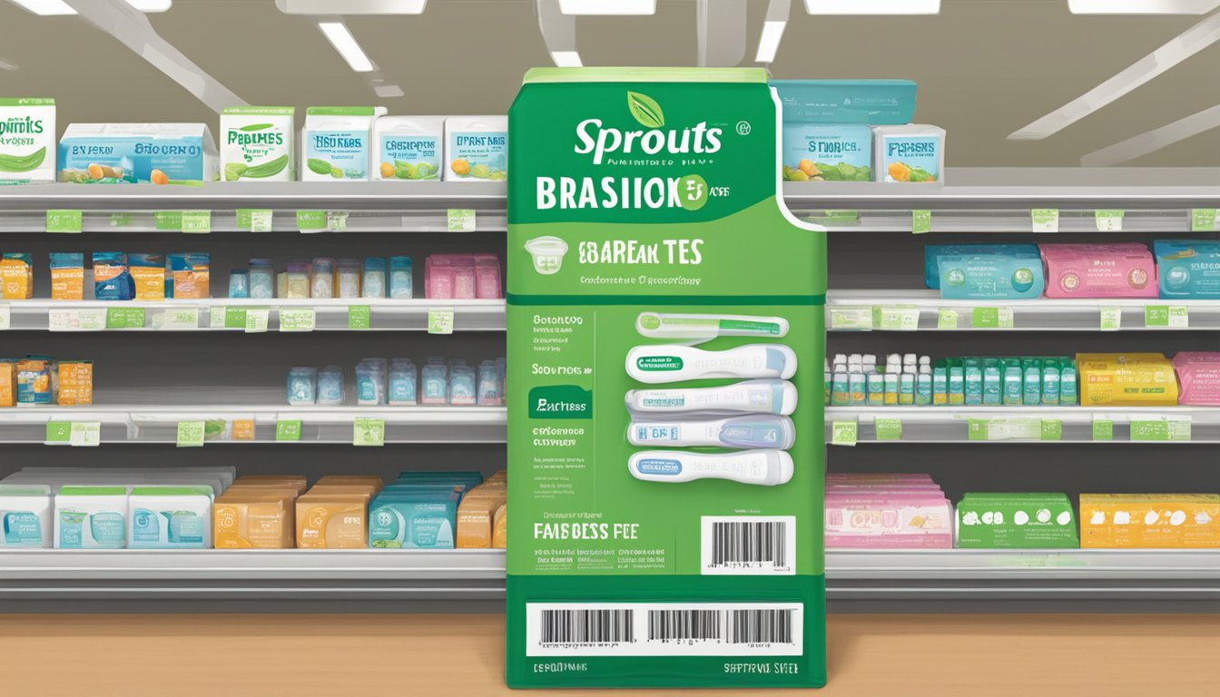 A pregnancy test sits on a shelf next to pricing and savings signs at Sprouts Farmers Market