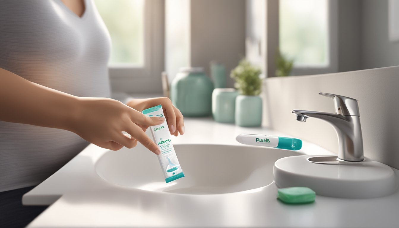 A woman placing a Publix pregnancy test on a clean, white bathroom counter, with a soft, natural light illuminating the scene