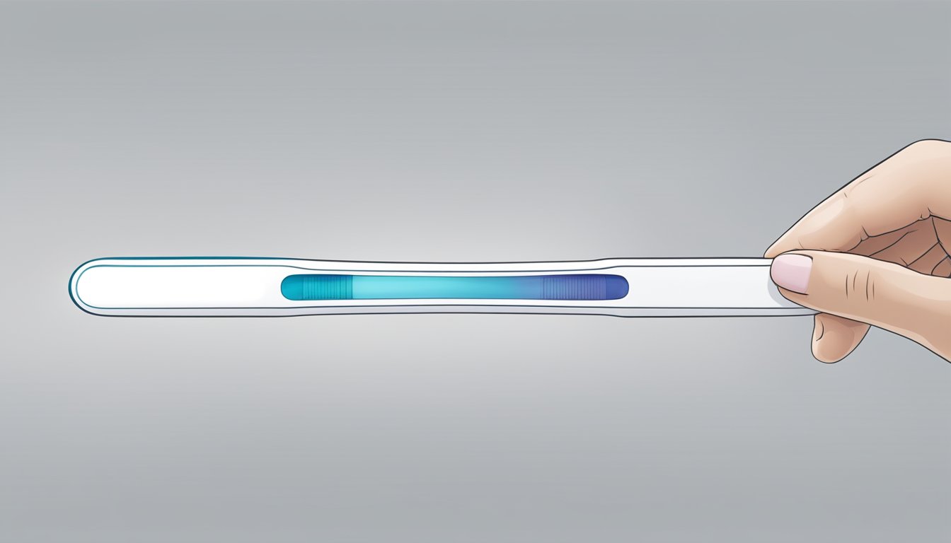 A hand holding a pregnancy test over a clean, white surface, with the test strip and control window clearly visible