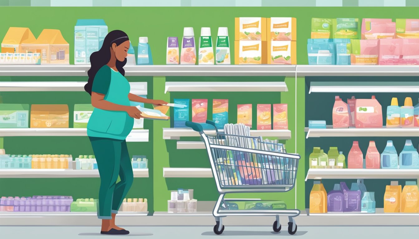 A person placing a pregnancy test box into a shopping cart at a Publix store