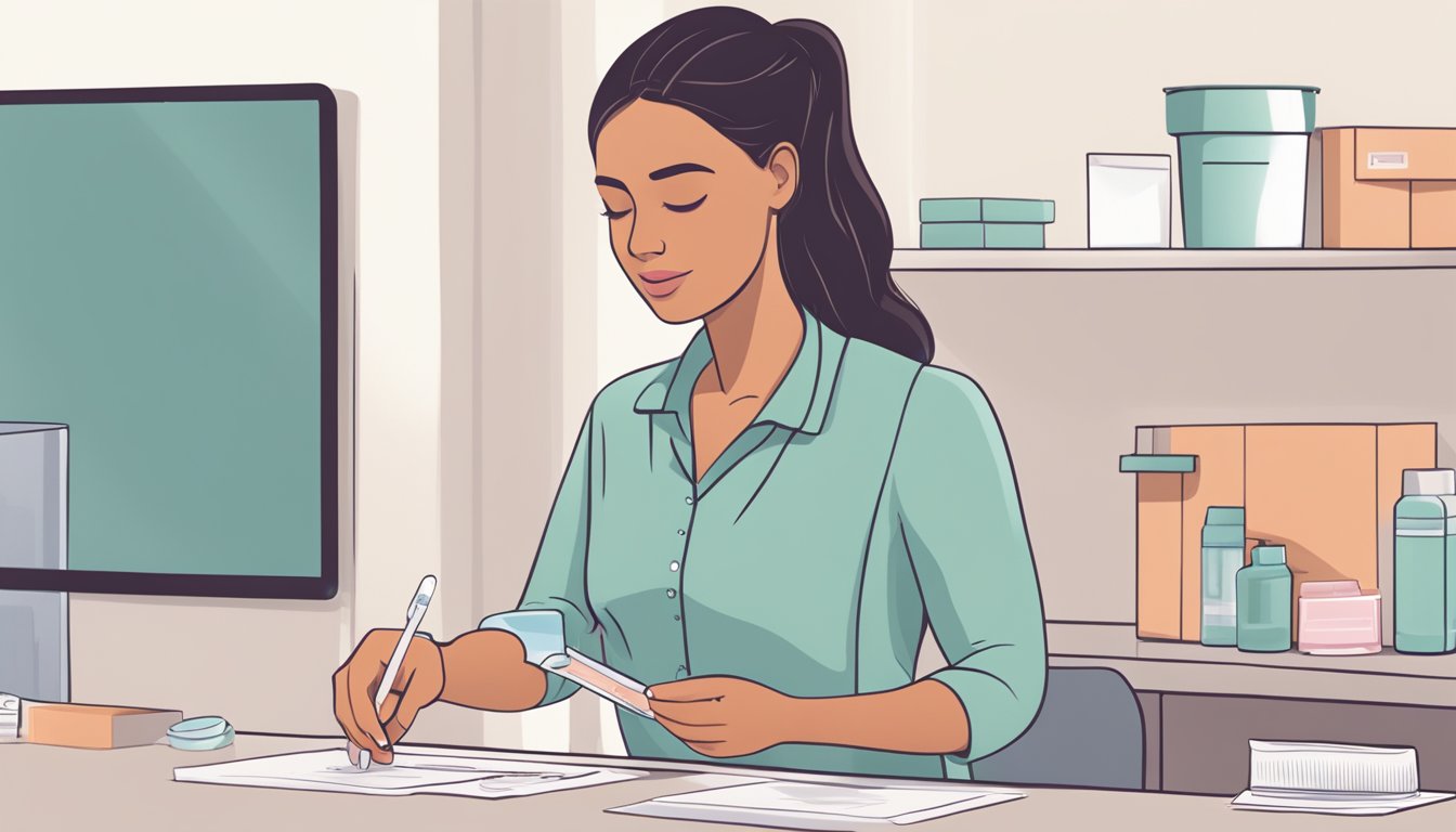 A woman placing a pregnancy test on a clean, flat surface with the packaging and instructions nearby